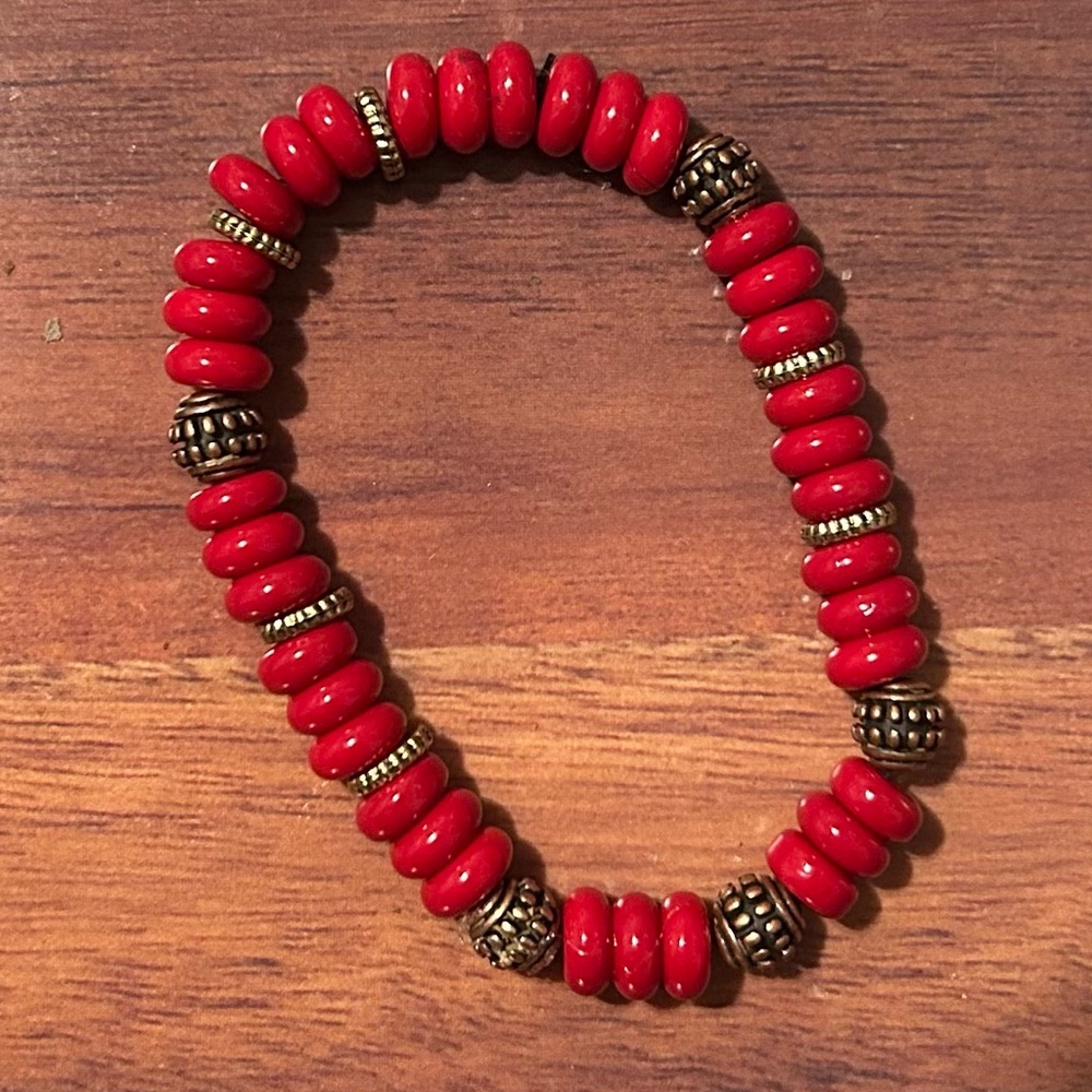 Red Beaded Bracelet with Gold Accents